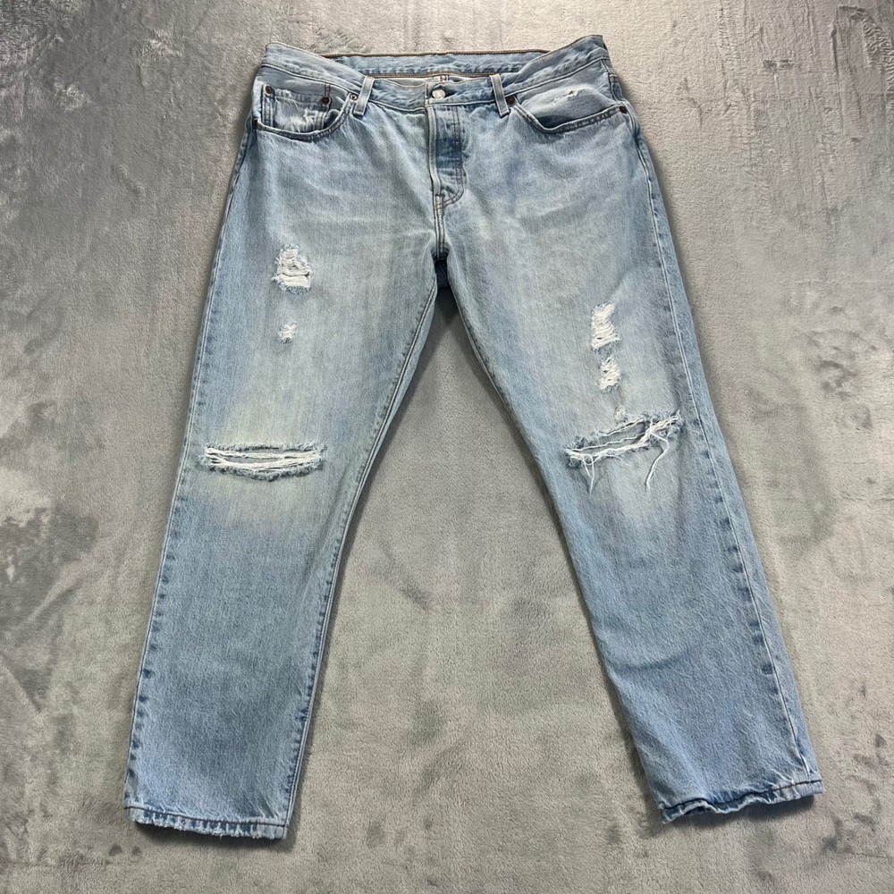 LEVI'S501 CT Jeans Women 36x28 Light Wash‎ Good Distressed Ripped Tapered Custom - Picture 2 of 16